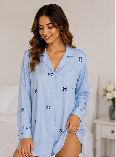 Women’s Light Blue Bow Print Full Sleeve Button Front Sleep Shirt Nightwear